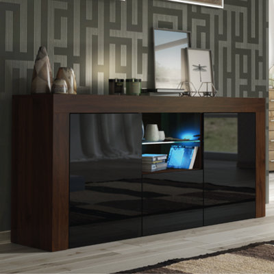 Sideboard 145cm Modern Walnut with High Gloss Black Doors - Creative Furniture