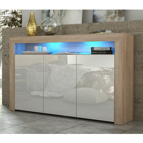 Sideboard 155cm Oak Modern Stand White Gloss Doors Free LED