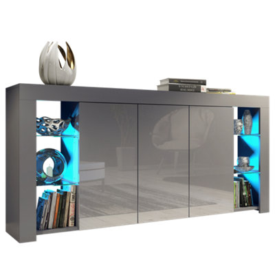 Sideboard 164 cm Grey TV Unit Modern Stand Grey Gloss Doors Free LED