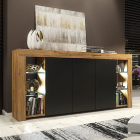 Sideboard 164 cm Oak TV Unit Modern Stand Black Matte Doors Free LED