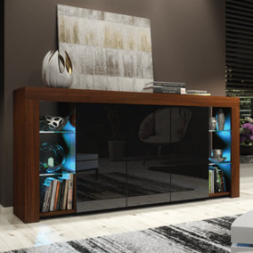Sideboard 164 cm Walnut TV Unit Modern Stand Black Gloss Doors Free LED
