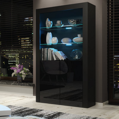 Sideboard 170cm Black Display Cabinet Modern Stand Black Gloss Doors Free LED