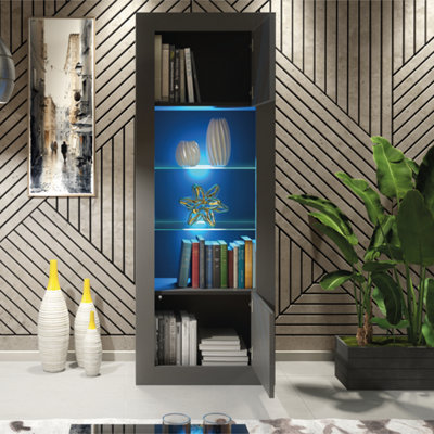 Sideboard 170cm Display Cabinet Dark Grey Modern Stand Gloss Doors Free LED