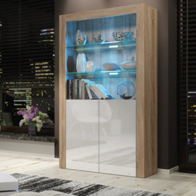 Sideboard 170cm Oak Display Cabinet Modern Stand White Gloss Doors Free LED