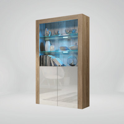Sideboard 170cm Oak Display Cabinet Modern Stand White Gloss Doors Free LED