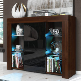 Sideboard 97cm Walnut Modern Stand Gloss Black Doors Free LED