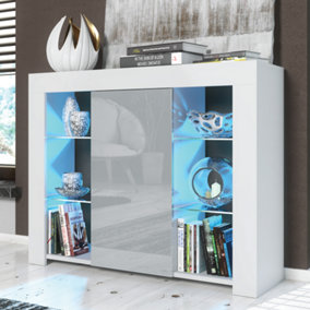 Sideboard 97cm White Modern Stand Grey Gloss Doors Free LED