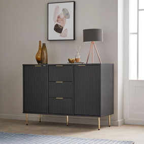 Sideboard Cabinet 2 Door 3 Drawers Cupboard Storage Unit Ribbed Design Black and Gold