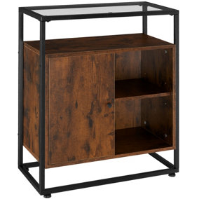 Sideboard Coventry - glass tabletop, open shelves, storage cabinet - Industrial wood dark, rustic