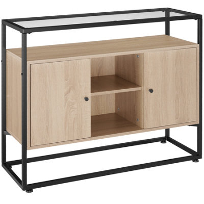 Sideboard Oldham - glass top, open shelves, 2 storage compartments - industrial wood light, oak Sonoma