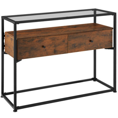 Sideboard Reading - safety glass tabletop, 2 large drawers - Industrial wood dark, rustic