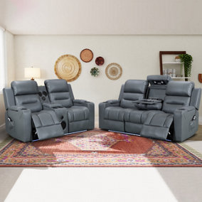 Siena 2 Piece Cinema Sofa Set in Grey Leather Aire