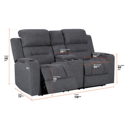 Siena Cinema Electric Reclining 2 Seater Sofa in Grey Woven Fabric