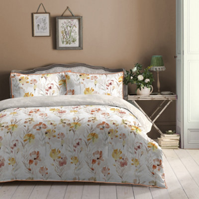 Sienna 100% Cotton Large Watercolour Floral Print Gold Duvet Cover Set