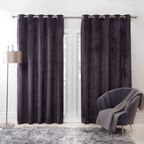 Sienna Capri Shimmer Velvet Eyelet Curtains Ring Top Pair of Fully Lined Ready Made Super Soft - Charcoal, 90" wide x 90" drop