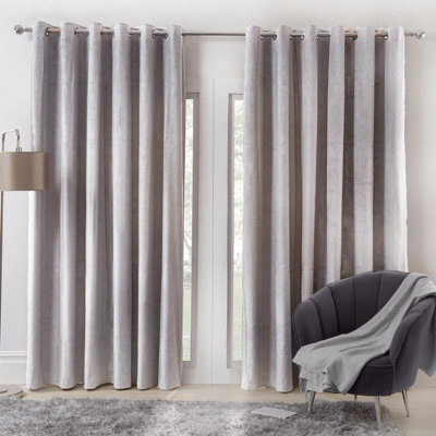 Sienna Capri Shimmer Velvet Eyelet Curtains Ring Top Pair of Fully Lined Ready Made Super Soft - Silver Grey, 66" wide x 90" drop