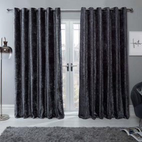 Sienna Crushed Velvet Eyelet Ring Top Pair of Fully Lined Curtains - Charcoal 66" x 54"