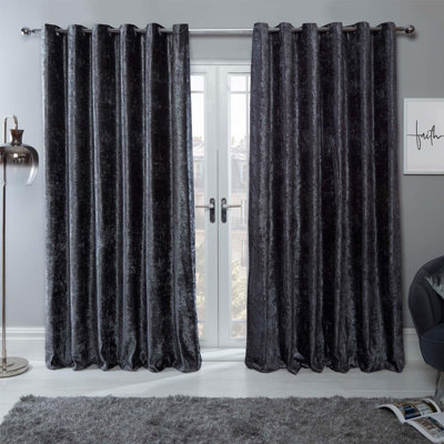 Black Matte Velvet Lined Eyelet Curtains