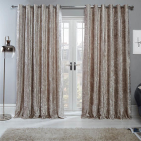 Sienna Crushed Velvet Eyelet Ring Top Pair of Fully Lined Curtains - Natural 46" x 90"