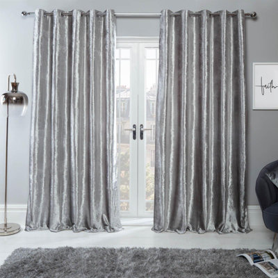 Sienna Crushed Velvet Eyelet Ring Top Pair of Fully Lined Curtains - Silver 90" x 90"