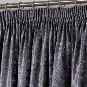 Sienna Crushed Velvet Pair of Pencil Pleat Curtains, Charcoal - 46" x 72