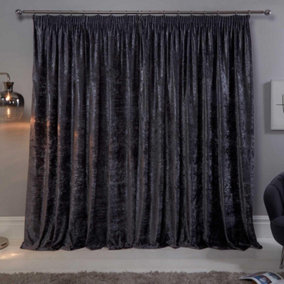 Sienna Crushed Velvet Pair of Pencil Pleat Curtains, Charcoal - 66" x 54