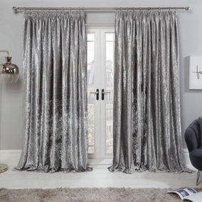 Sienna Crushed Velvet Pair of Pencil Pleat Curtains, Silver - 66" x 90