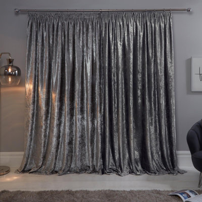 Sienna Crushed Velvet Pair of Pencil Pleat Curtains, Silver - 90" x 90