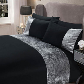 Sienna Crushed Velvet Panel Duvet Cover with Pillow Case Set - Black, King
