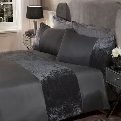 Sienna Crushed Velvet Panel Duvet Cover with Pillow Case Set - Charcoal, Single