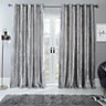 Sienna Eyelet Pair of Ring Top Crushed Velvet Curtains, Silver - 46" x 54