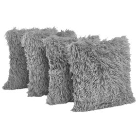 Sienna Faux Mongolian Fur 4 x Cushion Covers Plain Luxury, 18" x 18" - Silver