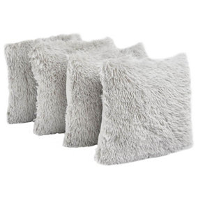 Sienna Fluffy 4 x Square Cushion Covers Soft Shaggy Plush, 18"x 18" - Silver