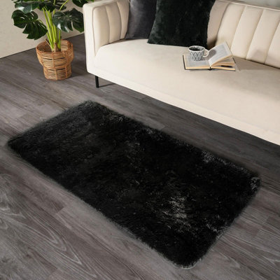 Sienna Fluffy Rug Anti-Slip Plain Shaggy Floor Mat, Black - 160 x 230cm