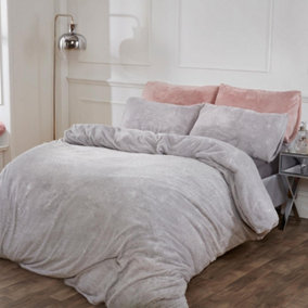 Sienna Glitter Teddy Duvet Cover with Pillowcase Bedding Set, Silver - Superking