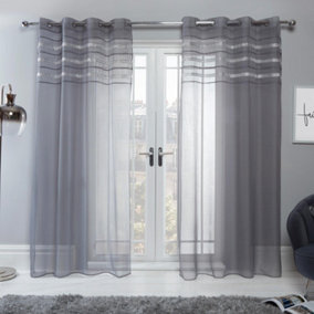 Sienna Latina Pair of 2 x Diamante Glitzy Voile Net Curtains Eyelet Ring Top Window Panels, Charcoal Grey - 55" wide x 87" drop