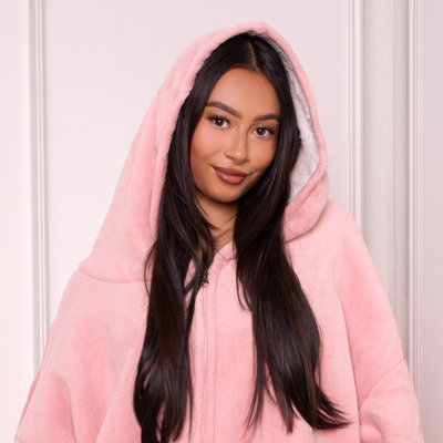 Sienna Oversized Sherpa Fleece Zip Up Wearable Hooded Jacket, One Size - Blush