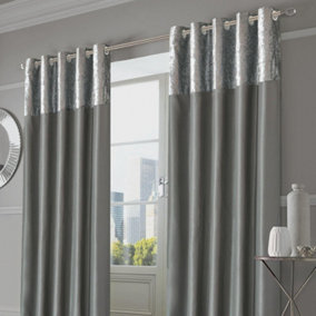 Sienna PAIR of Crushed Velvet Band Curtains Fully Lined Eyelet Ring Silk Window Treatment Panels - Silver Grey, 46" x 72"