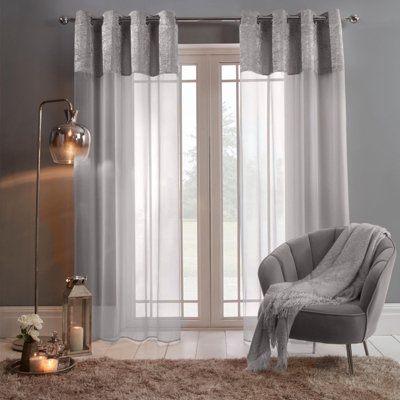 Sienna Pair of Crushed Velvet Panel Lace Voile Net Curtain Textured Eyelet Ring Top, Silver Grey Panels - 55" wide x 87" drop