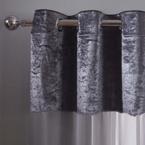 Sienna Pair of CRUSHED VELVET Voile Net Curtain Eyelet Top, Charcoal - 55" x 87