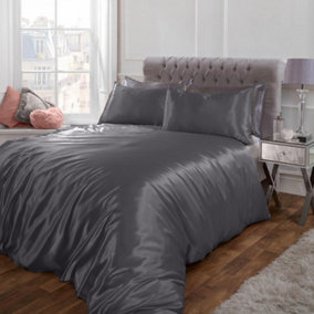 Sienna Plain Satin Duvet Cover with Pillowcases Bedding Set, Silver - King