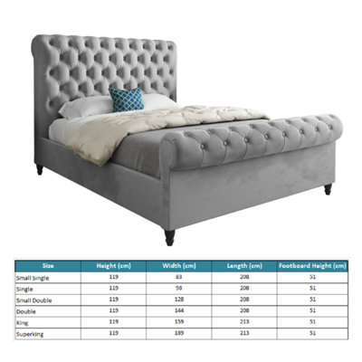 Sienna Sleigh Upholstered Soft Velvet Grey Bed Frame
