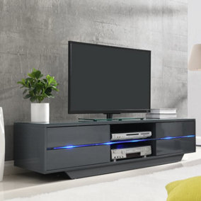 Sienna TV Stand With Storage for Living Room and Bedroom, 1600 Wide, LED Lighting, Media Storage, Grey High Gloss Finish