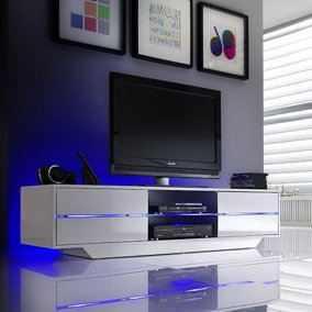 Sienna TV Stand With Storage for Living Room and Bedroom, 1600 Wide, LED Lighting, Media Storage, White High Gloss Finish
