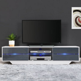 Sienna TV Stand With Storage Living Room and Bedroom, 1600 Wide, LED Lighting, Media Storage, White And Grey High Gloss Finish