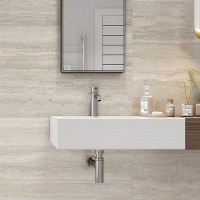 Sierra Matt Ceramic Beige Stone Travertine Wall Tile, Box of 15, (L)900mm (W)300mm