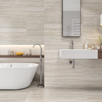 Sierra Matt Ceramic Beige Stone Travertine Wall Tile, Box of 15, (L)900mm (W)300mm