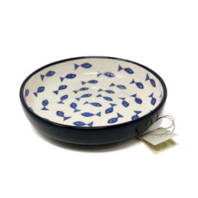 Signature Blue & White Fish Hand Painted Ceramic Kitchen Dining Large Bowl (D) 27cm