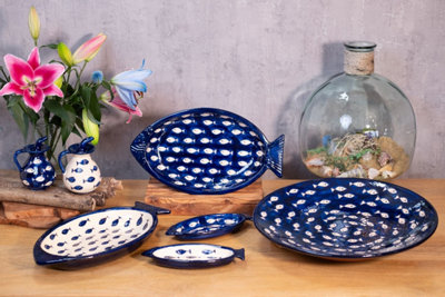 Signature Blue & White Fish Hand Painted Ceramic Kitchen Dining Large Platter (Diam) 42cm