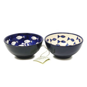 Signature Blue & White Fish Hand Painted Ceramic Set of 2 Appetiser Bowls (Diam) 15cm